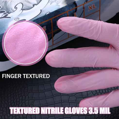 mummy 3.5 Pink Textured Nitrile Gloves Mil For Tattoo,Piercing,Beauty Salon,Home Clean,Gardening Use,Hotel Services