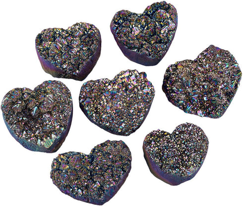 mookaitedecor Titanium Coated Natural Rock Quartz Heart-Shape Crystal Cluster Geode for Reiki Healing Home Decoration