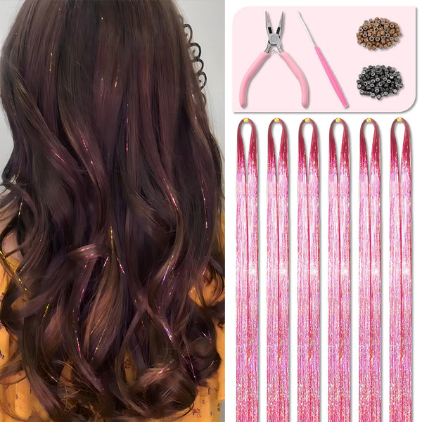 Pink Fairy Hair Tinsel Kit, 48 Inches 1200 Strands with Tools and Instruction, Glitter Tinsel Hair Extensions for Women