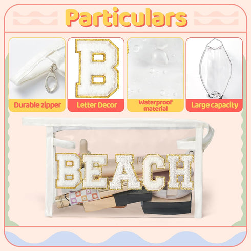 Preppy Patch Cosmetic Bag - Summer BEACH Chenille Varsity Letter Transparent PVC Zipper Makeup Bag for Women