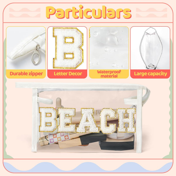 Preppy Patch Cosmetic Bag - Summer BEACH Chenille Varsity Letter Transparent PVC Zipper Makeup Bag for Women