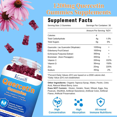 Quercetin Gummies for Kids, Adults, 1200mg Organic Quercetin with Bromelain, Elderberry, Vitamin C, 60Ct