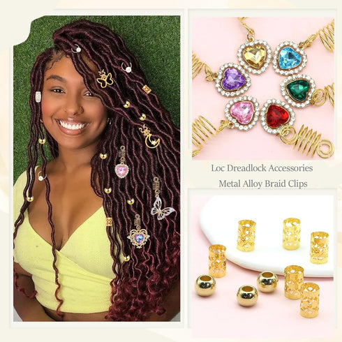 NAISKA 140Pcs Gold Hair Jewelry for Braids, Rhinestone Dreadlocks Accessories, Butterfly Braid Clips for Women