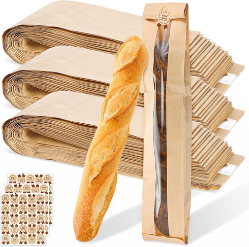 Kegeeei 150 Pack 150 23x4x1.6 Inch Packaging Baguette Bags with Clear Front Window and Seal Stickers, Paper Bread Bags