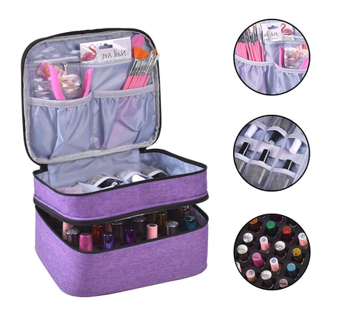 Nail Polish Organizer- Holds 30 Bottles Nail Supply Organizers and Storage Double-layer Nail Polish Carrying Case Nail varnish Organizer Nail Polish Storage Bag with Handle(Purple)