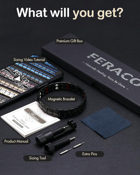 Feraco Magnetic Bracelets for Men: Titanium Steel with Double Rows and Effective 4 Elements Stones
