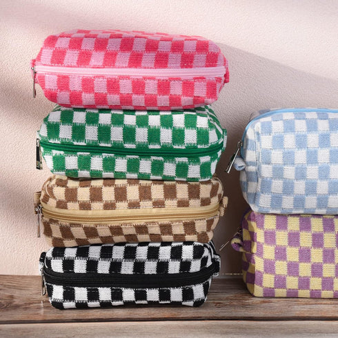 6 Pcs Checkered Makeup Bag - Preppy Cosmetic Bag Bulk, Pink Black Makeup Pouch, Personalize Travel Toiletry Organizer