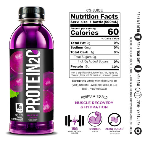 Protein2o 15g Whey Protein Isolate Infused Water, Sugar Free, Harvest Grape, 16.9 oz Bottle (Pack of 12)