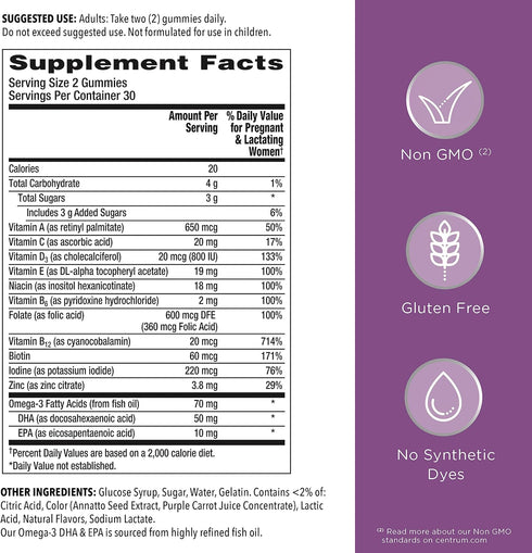 Centrum Prenatal Multivitamin Gummies, 60 Count - Mixed Berry and Orange Flavors with DHA and Folic Acid, 30 Day Supply