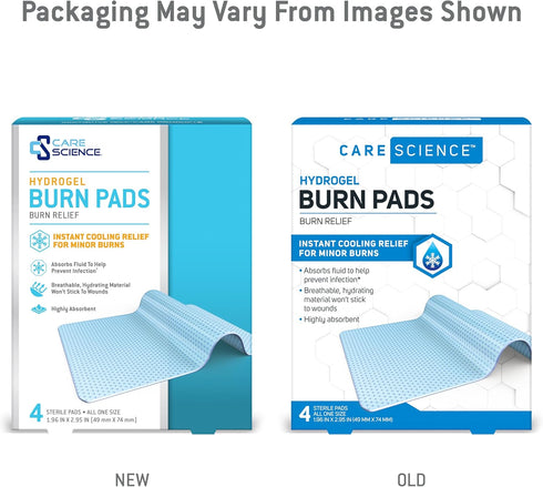 Care Science Hydrogel Sterile Burn Dressing Bandage Pads for Burn Relief, 4 ct | Instant Cooling Relief for Minor Burns