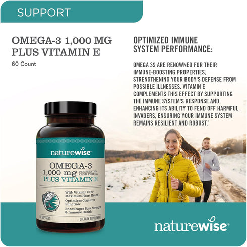NatureWise Extra-Strength Omega 3 Fish Oil Supplement, 1000mg, 60 Softgels, 600 EPA & 400 DHA, Heart & Brain Health