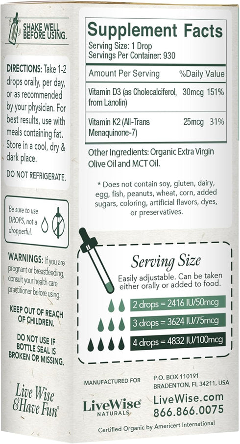 Vitamin D3 with K2 Liquid Drops, All Natural, Non-GMO, 1208iu D3 and 25mcg K2 per Serving, Supports Bones