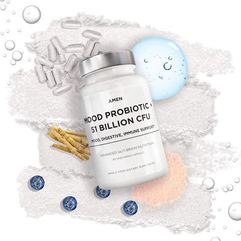 Amen Mood Probiotic Supplement 51 Billion CFU - Organic Prebiotics and Probiotics, Vegan & Non-GMO, 60 Capsules