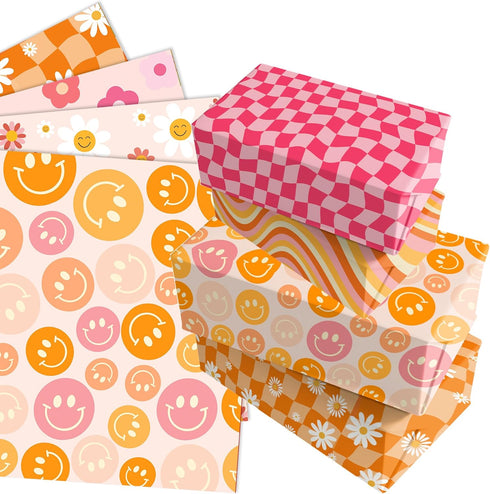 12 Sheets Boho Wrapping Paper, Retro Groovy Gift Wrap for Baby Shower Birthday Wedding DIY Crafts Gift Packing