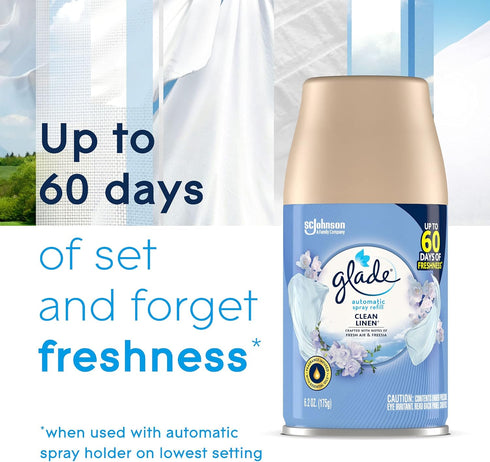Glade Automatic Spray Air Freshener Refill, Scented Air Freshener for Home and Bathroom, Clean Linen, 6.2 Oz, 3 Count.