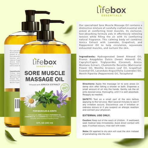 Arnica Sore Muscle Massage Oil, 100% Pure & Natural, Body Oil Infused with Arnica Extract, Lavender & Peppermint Oil