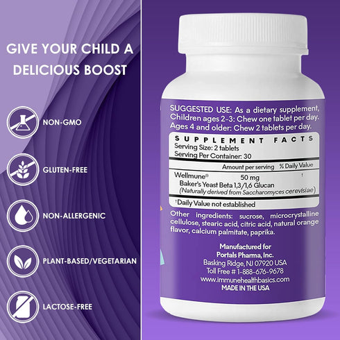 Children's Chewable Tablets - Wellmune Clinically Proven Highly Purified Beta Glucan Immunity Supplements for Kids
