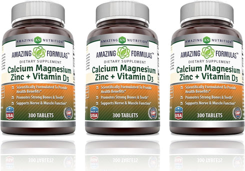 Amazing Formulas Calcium Magnesium Zinc with Vitamin D3 Supplement | Non-GMO | Gluten Free | Made in USA (300 Count, 3