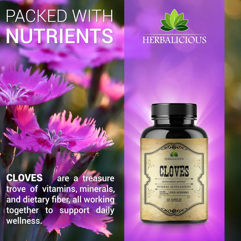 Cloves Capsules - Natural Dietary Supplement - Rich in Vitamins, Minerals, Manganese, Fiber - May Help Strengthen Bones, Promote Digestive Function, Antioxidant Support - 100 Caps