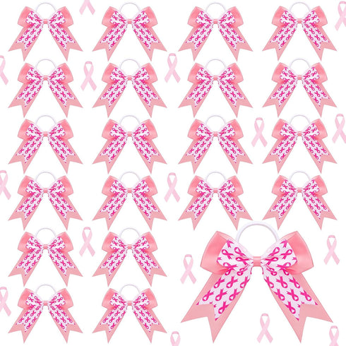 MTLEE 20 Pieces Pink Breast Cancer Awareness Cheer Hair Bows, 7.5 Inch Large Elastic Scrunchies