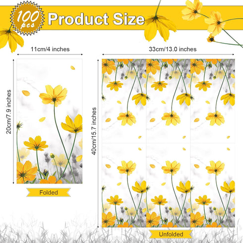 100 Pcs Floral Guest Napkins - 3 Ply Yellow Flower Paper Napkins, Decorative Disposable Hand Towels for Parties