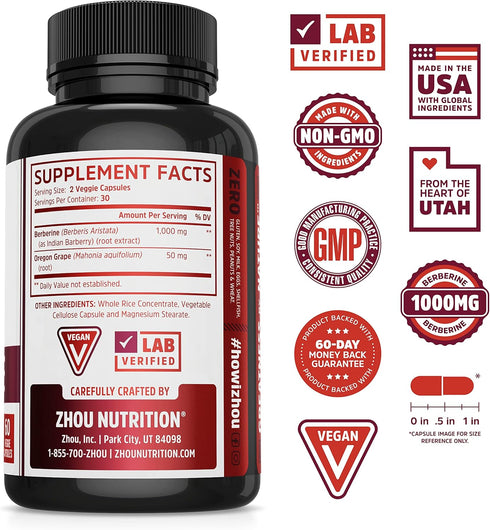 Zhou Nutrition Berberine Supplement 1000mg with Oregon Grape, Vegan, Gluten-Free, 30 Servings