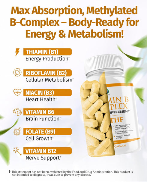 1 Body Vitamin B Complex, High Potency Methylated B12 & 5-MTHF Folate for Energy & Brain Support, 60 Capsules