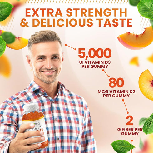Sugar Free Vitamin D3 K2 Gummies - 5000 IU D3 + 80 mcg K2, Gluten-Free, Non-GMO, Natural Peach Flavor