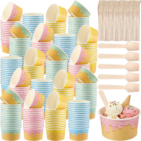Ninehaoou 200 Pack 8 oz Paper Ice Cream Cups with Wooden Spoons, Disposable