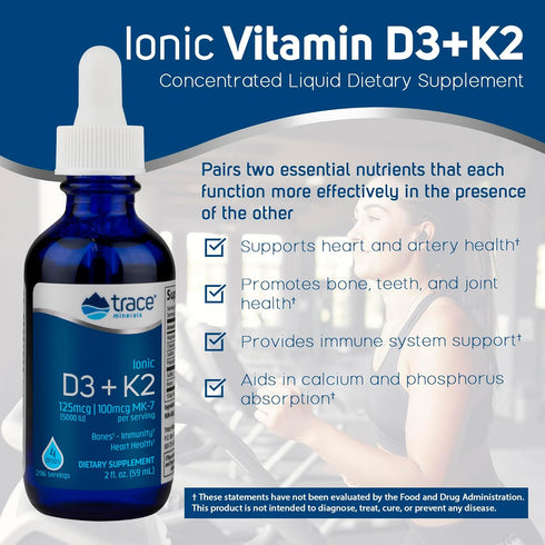 Trace Minerals Liquid Ionic Vitamin D3 + K2 - 125 mcg D3, 100 mcg K2 Concentrated Dietary Supplement (2 fl oz, 296
