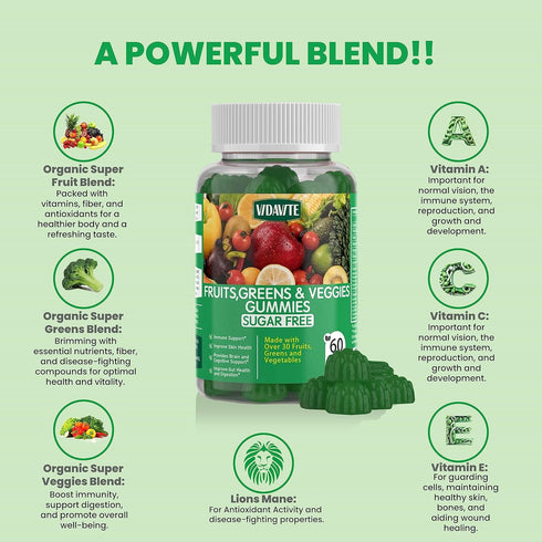 Sugar-Free Fruit and Veggie Gummies - 35+ Greens, Fruit & Vegetable Vitamins for Immunity, 60 Gummies