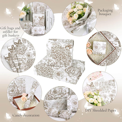 Bolsome 100 Sheets 20 * 14 Inches Vintage Floral Printed Tissue Paper for Gift Wrapping, Peonies, Hydrangea