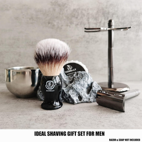 Premium Shaving Brush Kit - 3 in 1 Set for Men with Badger Synthetic Hair Brush, Stainless Steel Soap Bowl, Safety