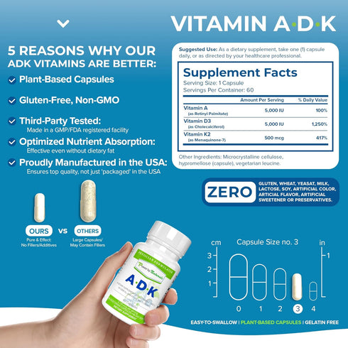 Power By Naturals ADK Vitamin Supplement - 60 Capsules for Bone, Heart & Immune Health