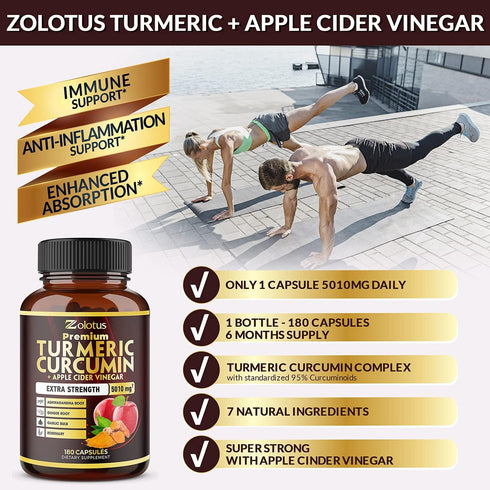 7 in 1 Premium Turmeric Curcumin + Apple Cider Vinegar Capsules, 5010mg Equivalent, 6 Month Supply with Ashwagandha,