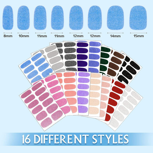 Maitys Glitter Nail Wraps Polish Strips, 16 Sheets Self Adhesive Solid Color Fingernail Stickers with 2 Nail Files