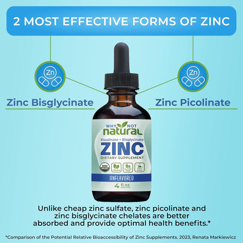 Organic Liquid Zinc Drops Supplement with Zinc Picolinate and Bisglycinate 4 fl, USDA Organic, Gluten-Free, Vegan and GMO-Free (Unflavored)