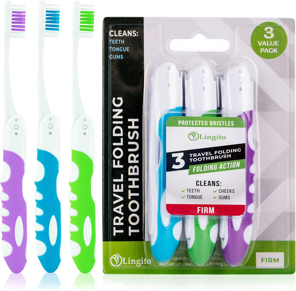 Travel Toothbrush, Portable Built-in Cover, Collapsible Multi Color Toothbrush Kit (3 Pack)