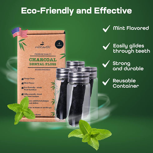 Natural Deep Clean Charcoal Floss, Mint Flavor Dental Floss in Glass Container, Pack of 4