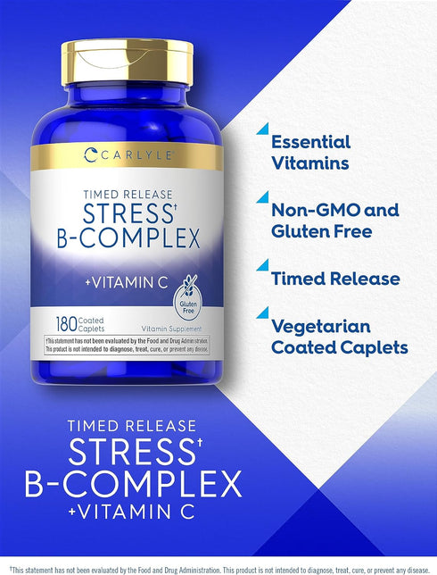 Carlyle Stress B-Complex Vitamin Supplement | 180 Caplets | with Vitamin C | Non-GMO, Gluten Free