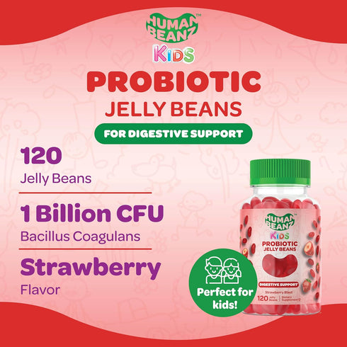 Probiotic Jelly Bean Gummies for Kids, Probiotic Supplements for Digestive Health, Nutritional Vegetarian Supplements, 120 Strawberry Blast Jelly Beans, Kosher