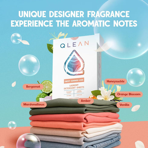 Summer (40 QLEAN Laundry Detergent Sheets Sweet Loads) Travel-Size Plant-Based Laundry Sheets, Biodegradable, HE