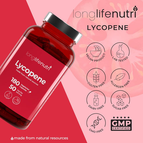 Lycopene 50mg 180 Vegetarian Capsules, Natural Tomato Extract Supplement, Non-GMO Pure Powder for Health