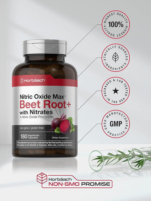Horbaeach Nitric Oxide Beet Root Capsules | 180 Count Vegetarian Non-GMO Gluten Free Supplement