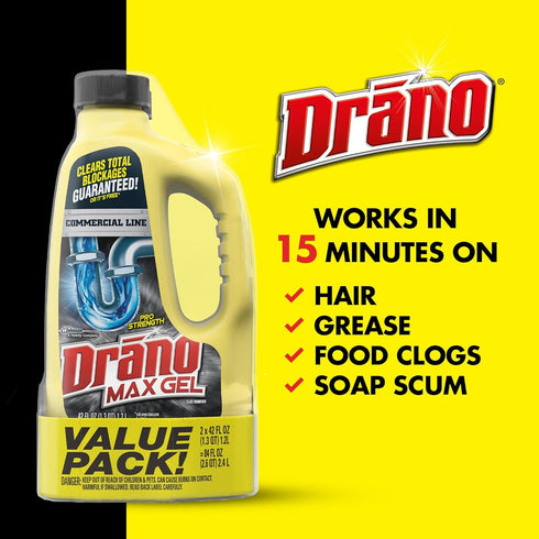Drano Max Gel Drain Clog Remover and Cleaner, 42 oz (Pack of 2), Unclogs Shower or Sink Drains