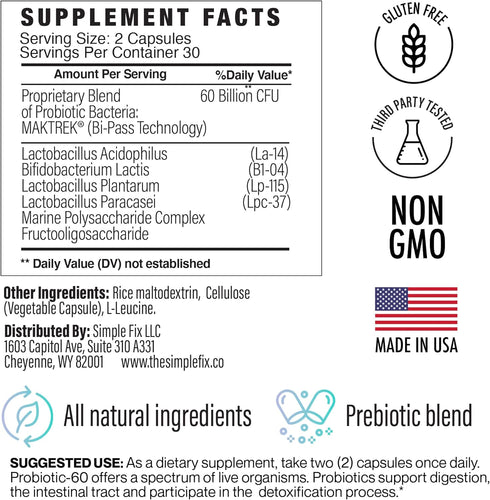Daily Probiotic 60 Billion CFUs w/Organic Prebiotics - Gut Health, Clear Skin, Bloating Aid and Enhanced Nutrient Absorption. Probiotics for Woman and Men.