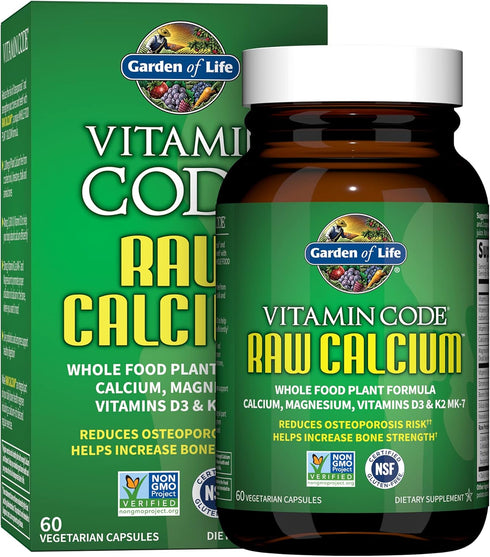 Garden of Life Raw Calcium Supplement for Women & Men, Vitamin Code with Magnesium, K2, D3, C, Probiotics, 60 Capsules