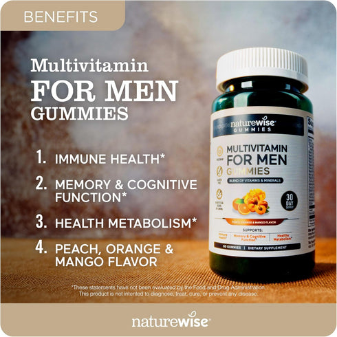 Gummies Immune B6 B12, 60 Count[1-Month NatureWise Multivitamin for Men, Peach Mango Flavor, for Health with Minerals