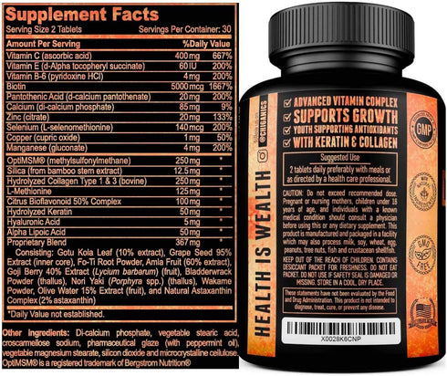 10X Potent Hair Skin and Nail Growth Vitamins with Keratin + Collagen + Silica for Vibrant Hair, Extra Strength Biotin