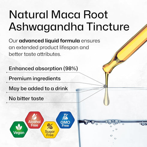 Maca Root and Ashwagandha Tincture | Organic Liquid Supplement for Men & Women | Adaptogenic Mood Support | Alcohol and